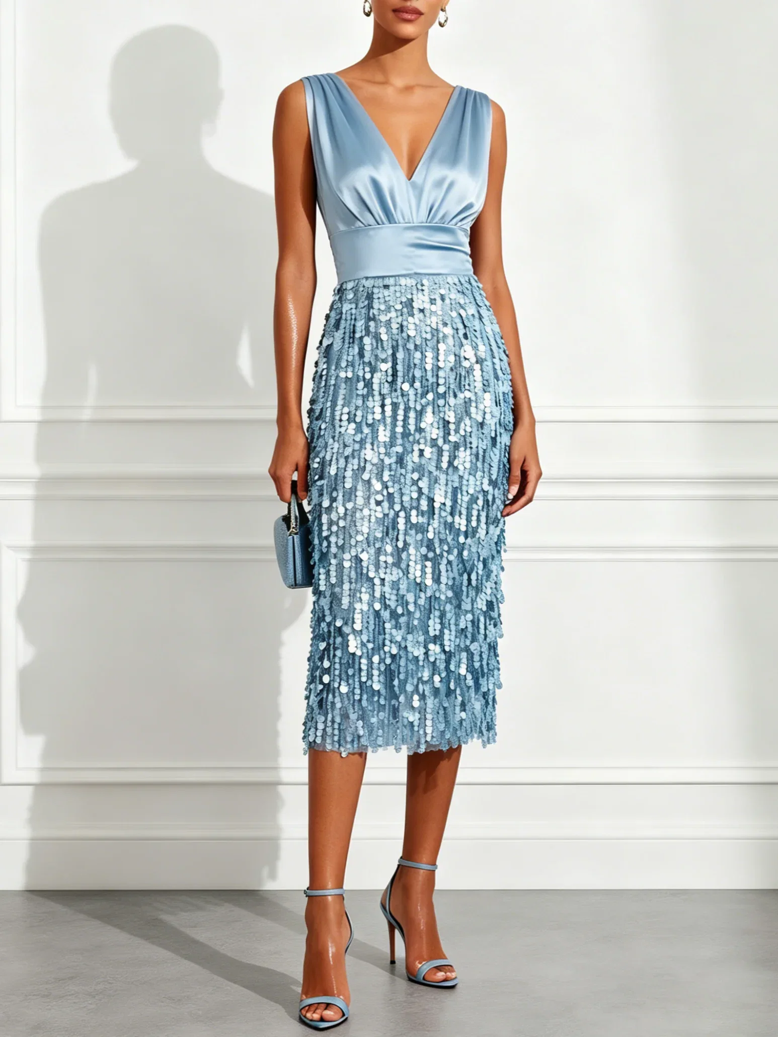 Image of Light Blue Sequin V Neck Sleeveless Sheath Midi Dress