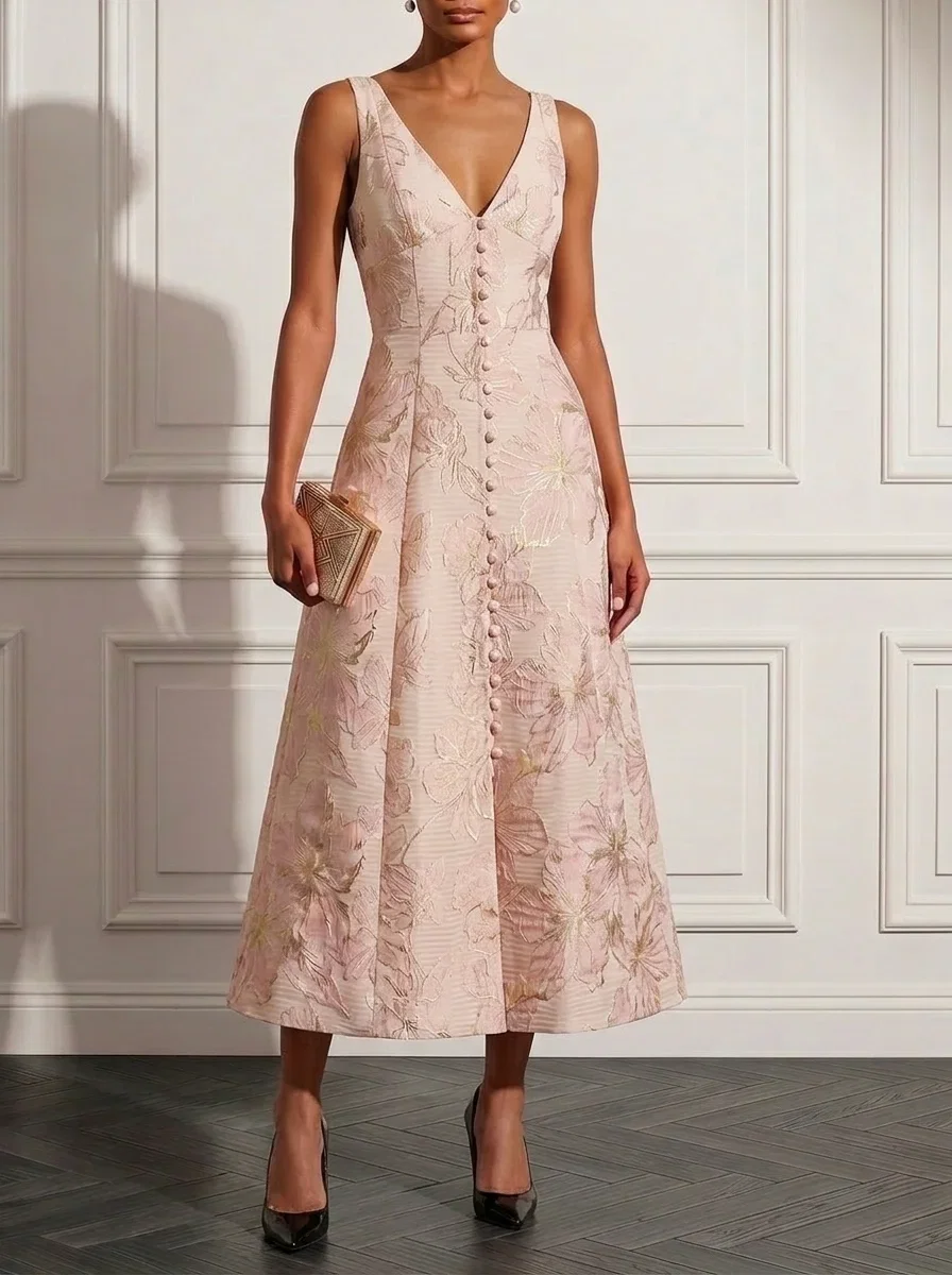 Image of Pink Jacquard Classic V Neck Sleeveless A-Line Midi Dress