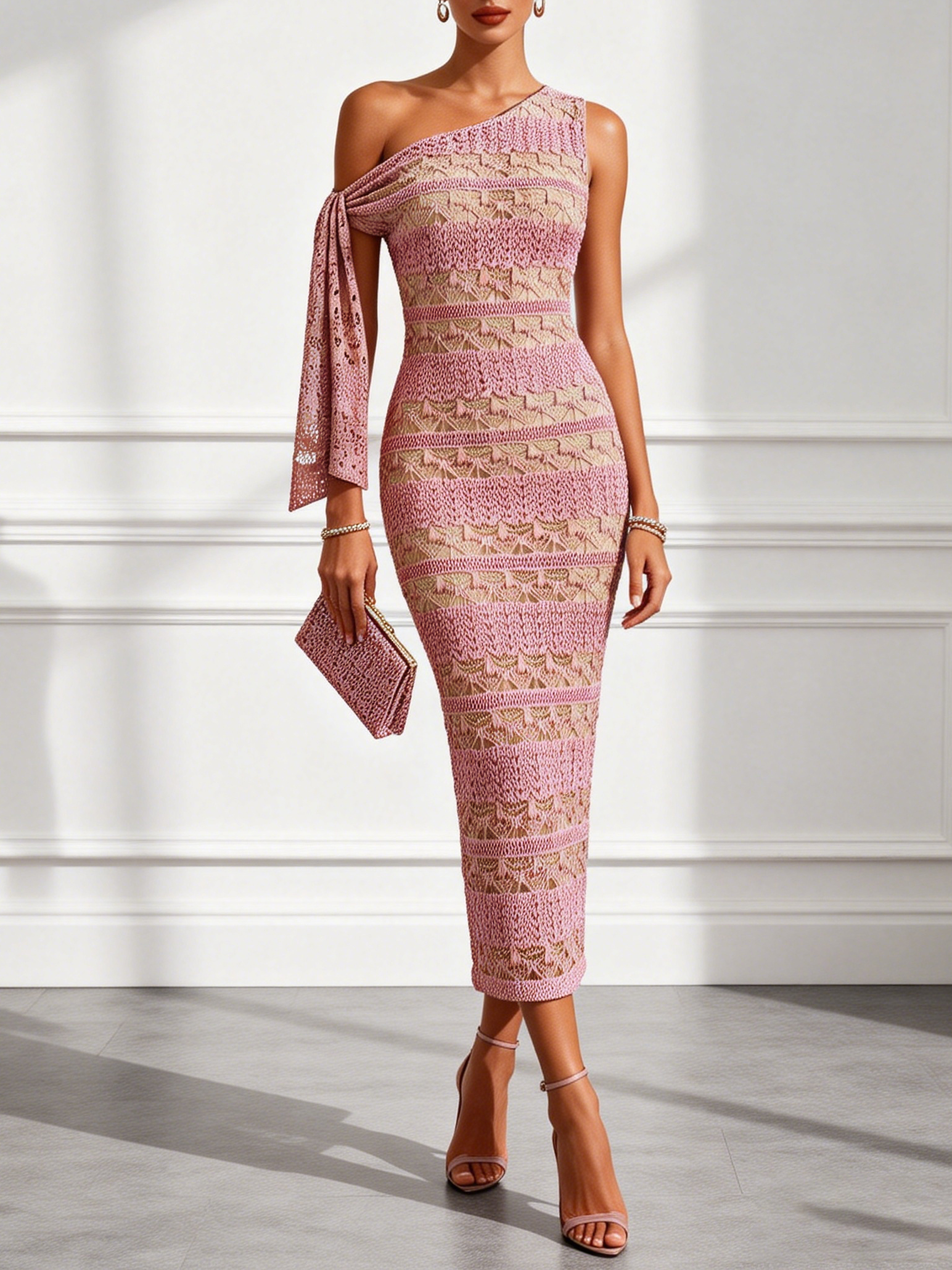 Image of Light Pink Crochet Knit One Shoulder Sleeveless Bodycon Midi Dress