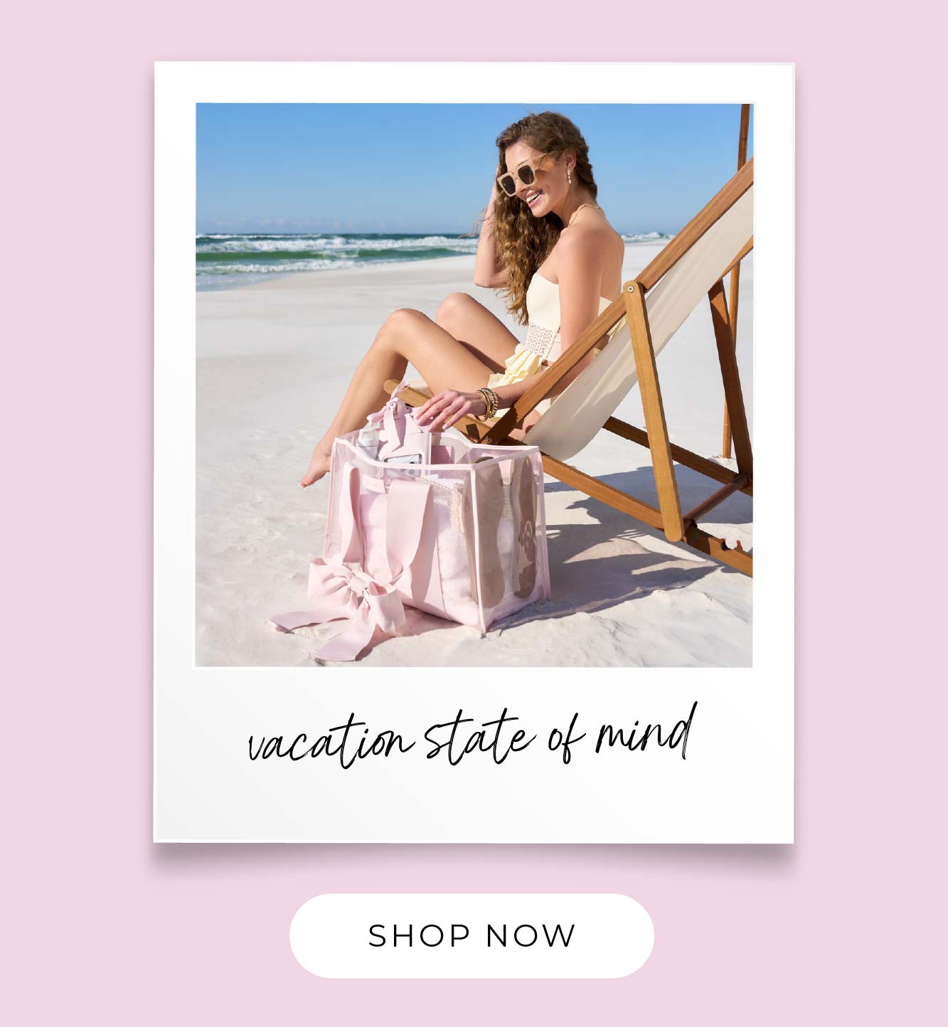 A polaroid of a woman sitting in a beach chair and reaching into her Ballet Pink Bow Jelly Tote.