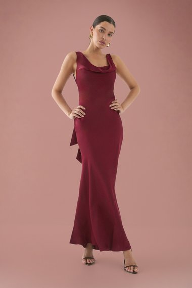 Premium Satin Cowl Neck Fishtail Maxi Bridesmaid Dress