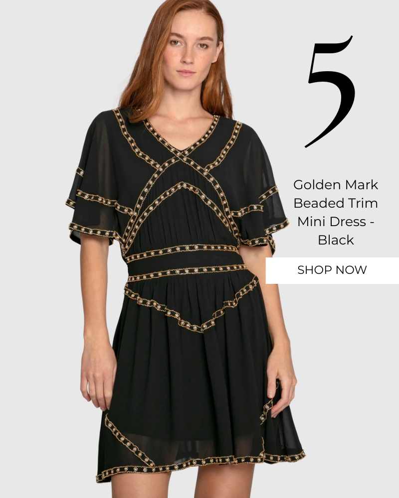Golden Mark Beaded Trim Mini Dress - Black