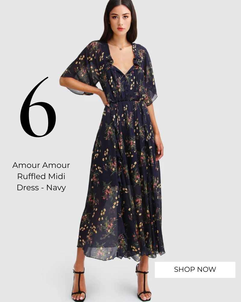Amour Amour Ruffled Midi Dress - Navy