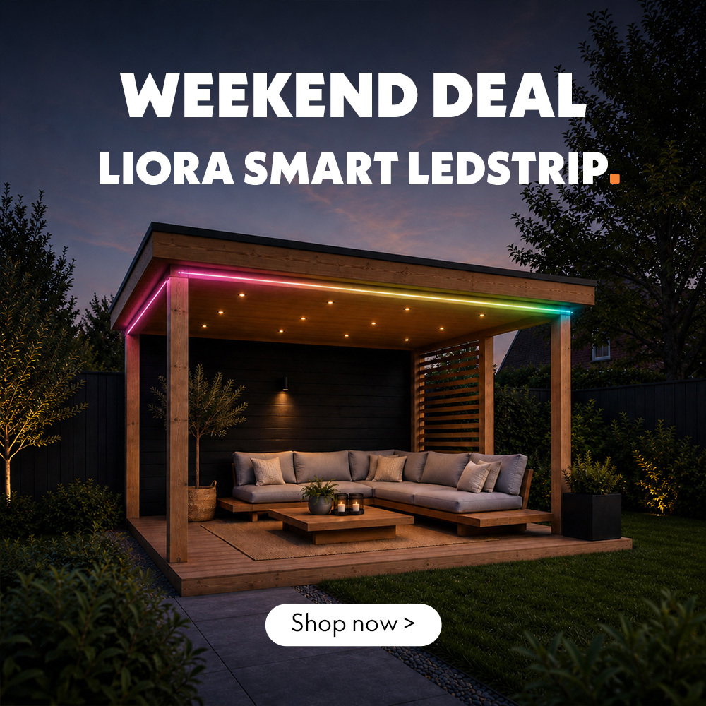 Liora under a patio cover with Shop Now button.