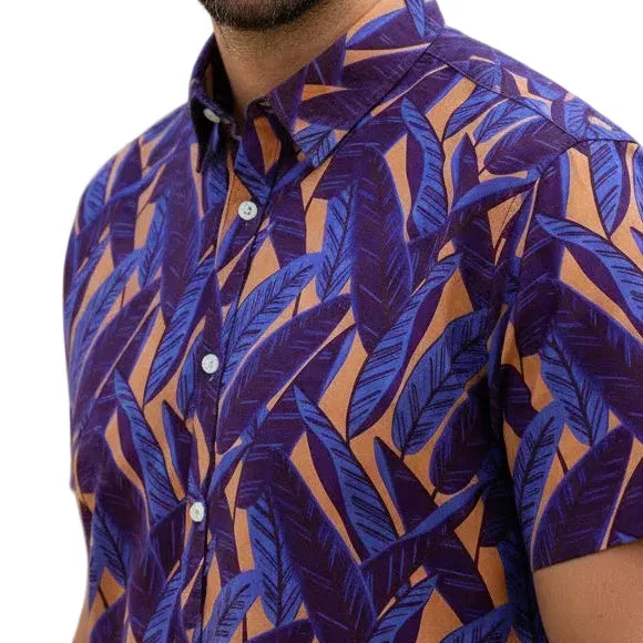 Image of RAFAEL Short Sleeve Shirt in Purple & Tangerine Tropical Palms Print