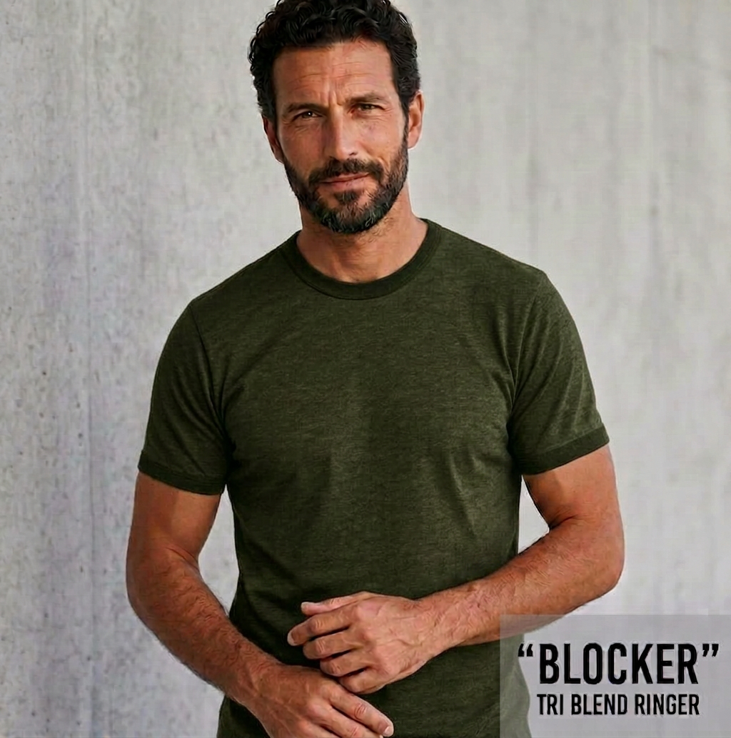 Man in a green t-shirt with text overlay "BLOCKER" and "TRI BLEND RINGER".