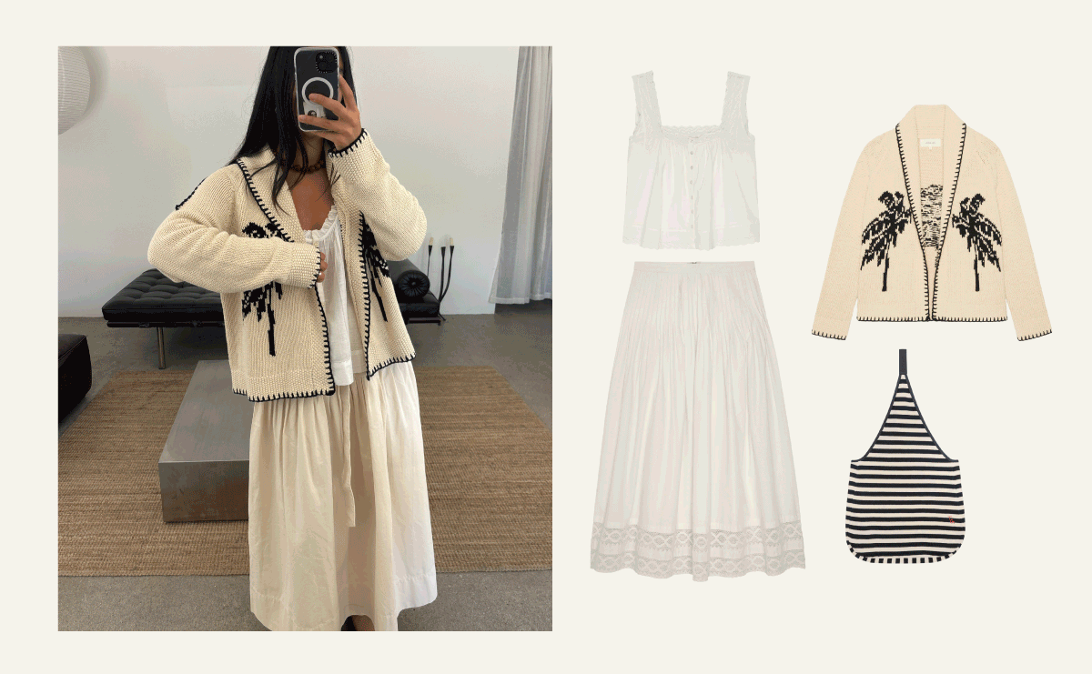 A woman takes a mirror selfie wearing a cream cardigan with black embroidery over a white dress. Next to her are images of the cardigan, white top, white skirt, and a black-and-white striped bag.