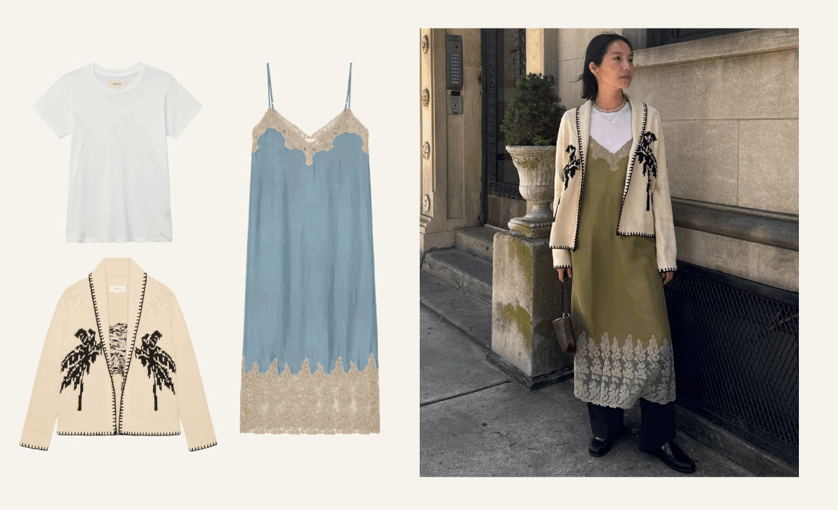 A white tee, blue lace slip dress, and cream cardigan are shown. Next, a person wears a similar outfit with an olive lace dress, cream cardigan, black boots, and stands on a city sidewalk.