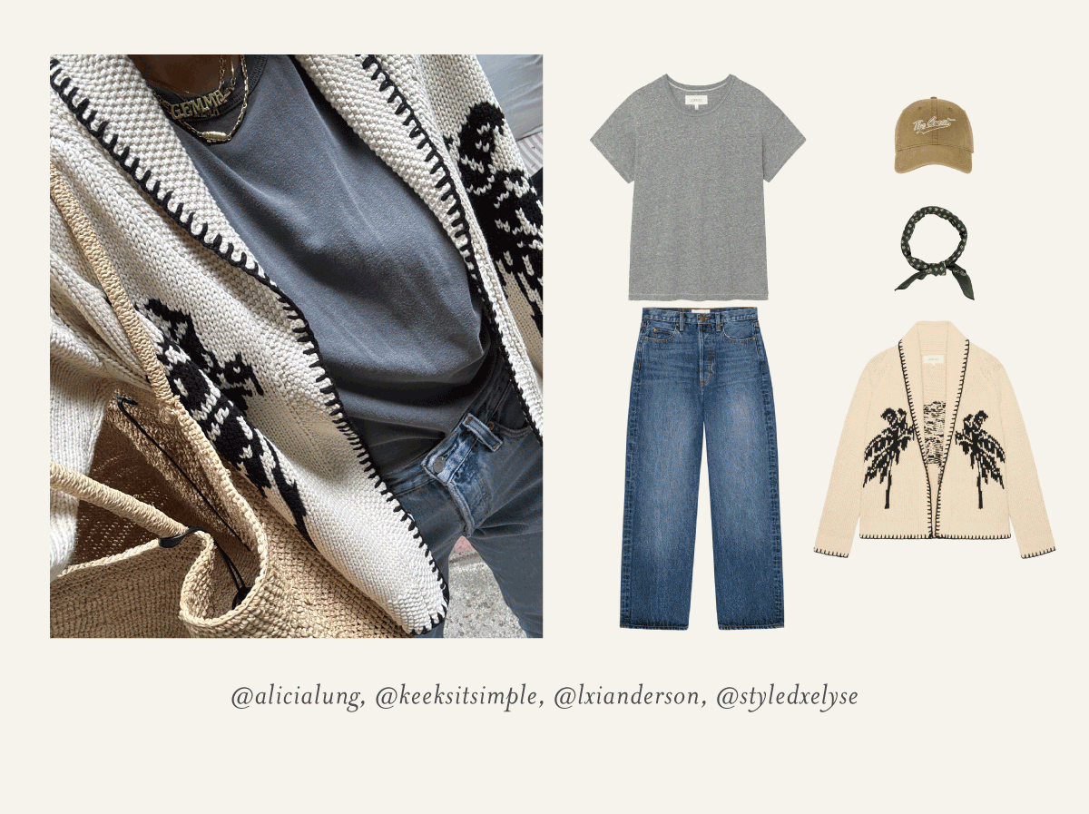 Flat lay featuring a gray t-shirt, blue jeans, beige cardigan with black pattern, green bandana, tan baseball cap, and a close-up of a person wearing similar items with a woven bag.