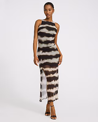Printed Mesh Crew Neck Sleeveless Ruched Midi Dress
