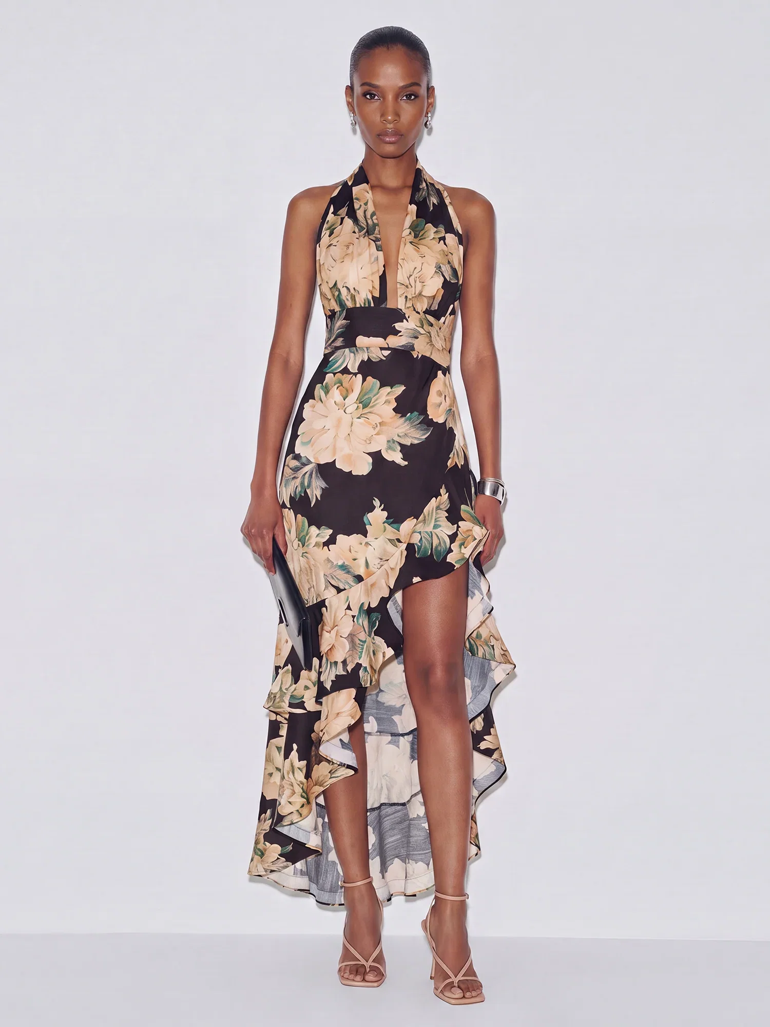 Image of Sleeveless Satin V Neck Floral Ruffle Hem Midi Dress