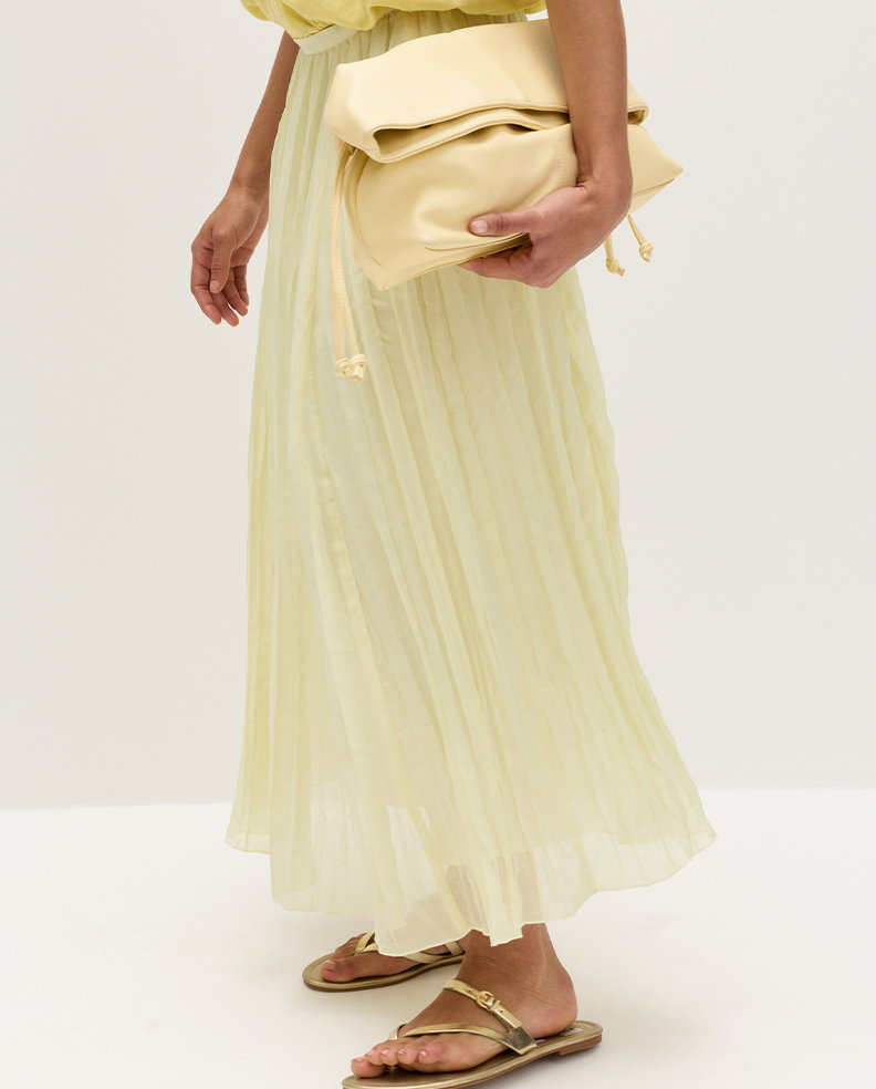 Model wearing Textured Midaxi Circle Skirt in Yellow