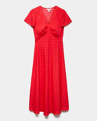 Polka Dot V-Neck Midi Tea Dress in Red Mix