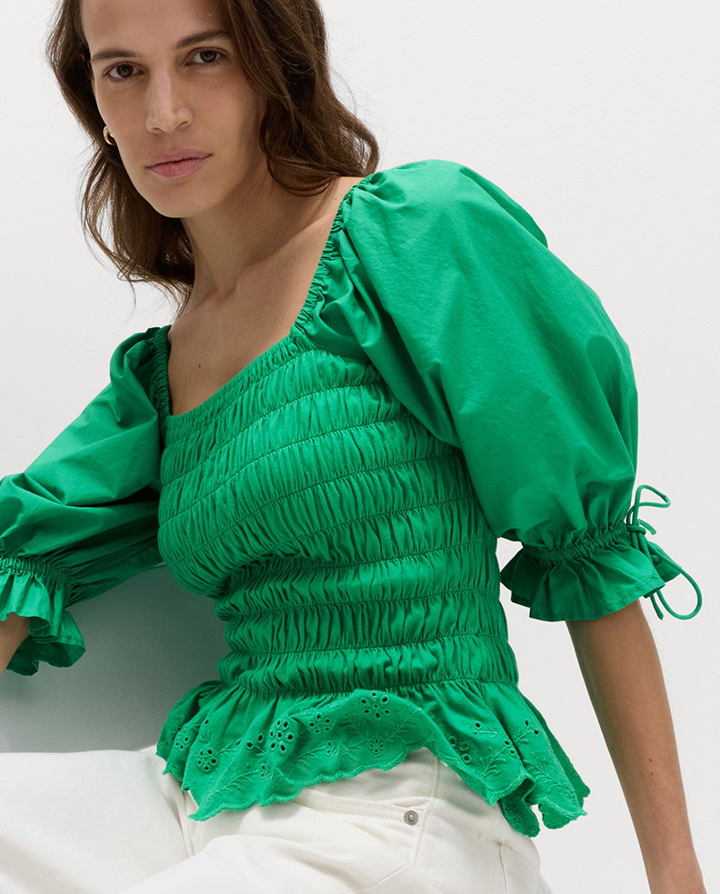 Model wearing Pure Cotton Shirred Puff Sleeve Top in Bright Green