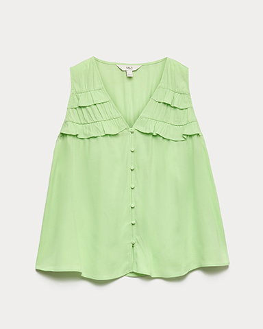 Lyocell Rich V-Neck Frill Detail Top in Soft Green