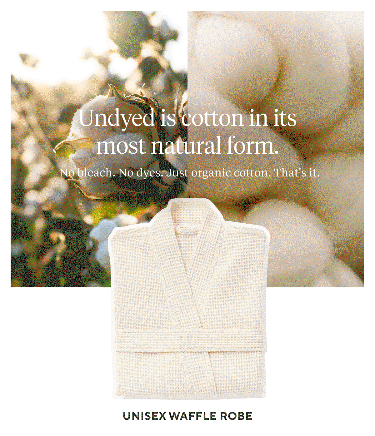 Undyed is cotton in its most natural form. No bleach. No dyes. Just organic cotton. That's it.