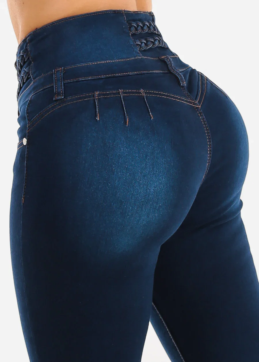 Image of Butt Lift High Waist Stretch Dark Skinny Jeans w Braided Detail