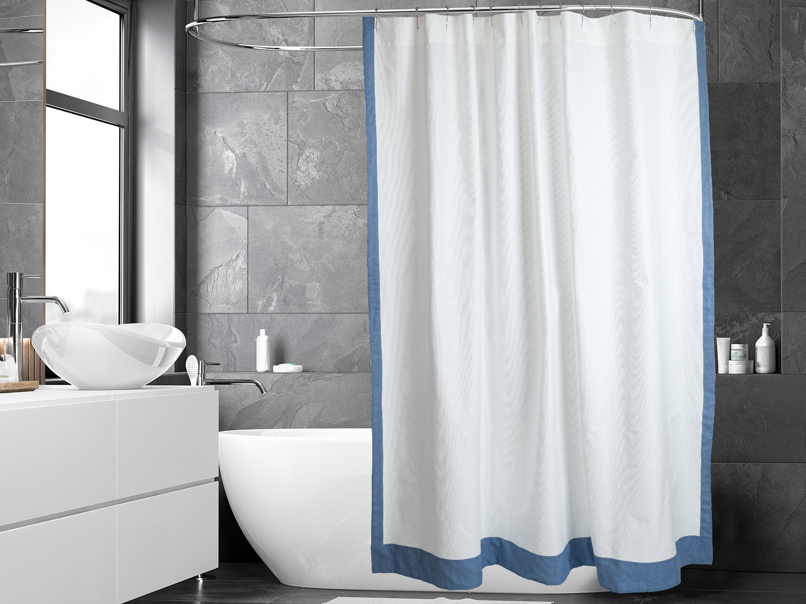 Italian made with 100% terry cotton, exceptional absorbency and durability. Finished with stunning Blue or Gray linen inserts and borders. Matching shower curtains