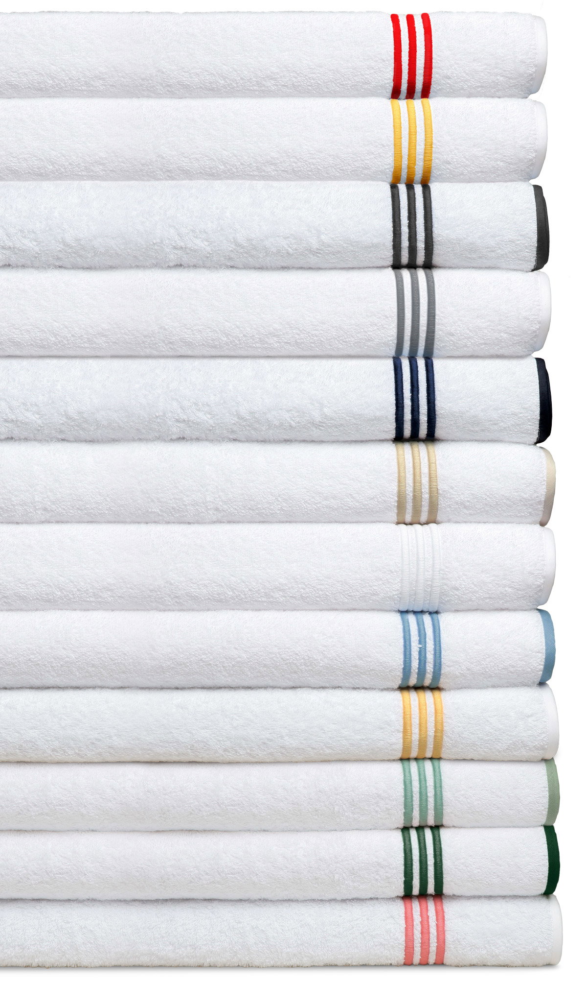 Plush, thirsty, 100% Egyptian Cotton Terry towels are oversized and wonderfully accented with a classic three line embroidery