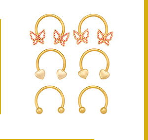 Multi-Pack Gold-Plated Titanium Butterfly Heart Horseshoe Rings 3 Pair - 16 Gauge