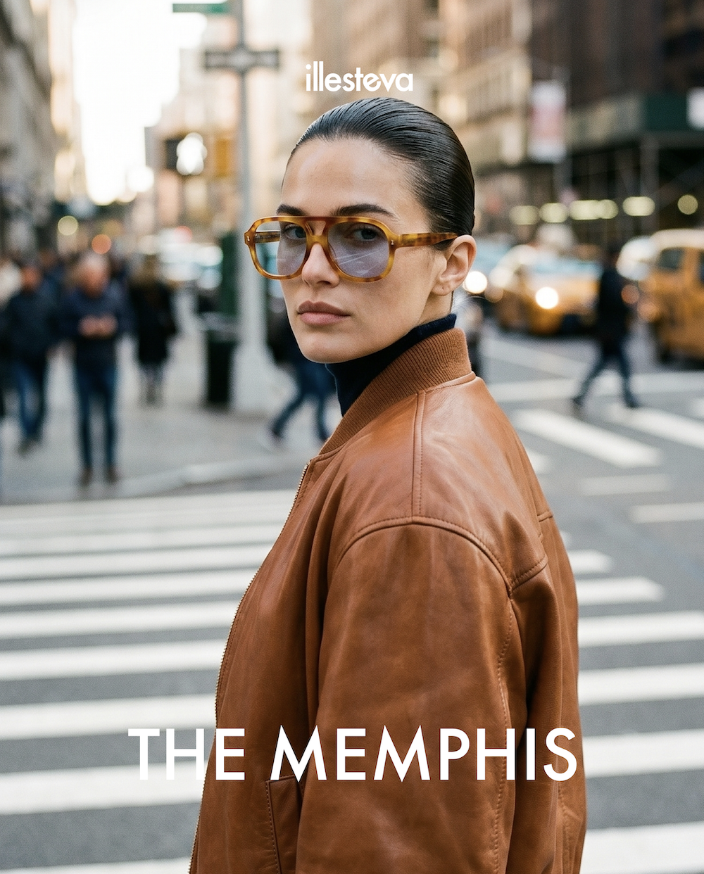 Woman walking in Soho wearing the Memphis in Amber and a brown leather jacket