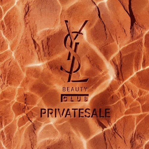 An animated background of sunlit water ripples over terracotta stone, featuring the YSL Beauty Club Private Sale logo.