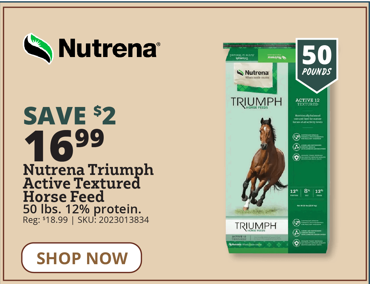 Nutrena Triumph Active Textured Horse Feed 50 lbs. 12% protein.