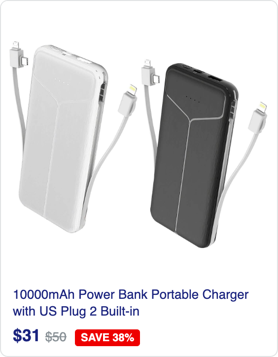 10000mAh Power Bank Portable Charger with US Plug 2 Built-in Cables External Battery Pack