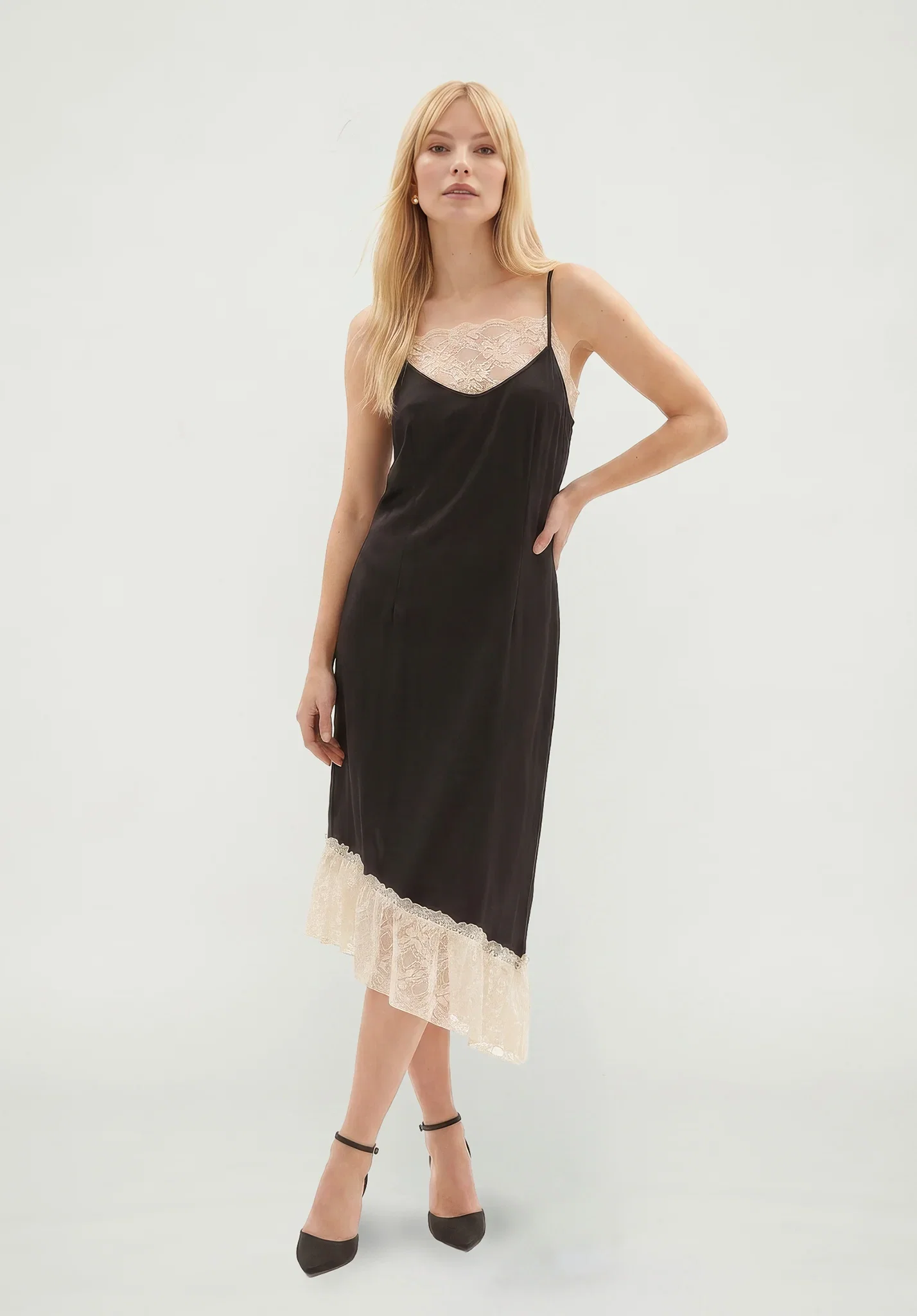 Image of Abby Lace Insert Midi Dress in Black and White