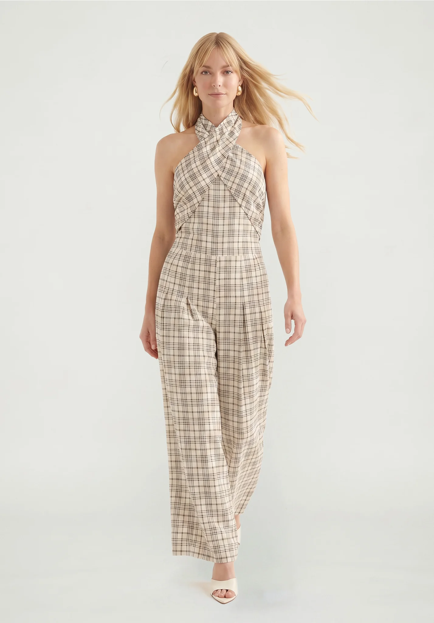 Image of Ardern Halterneck Check Culotte Jumpsuit in Neutral
