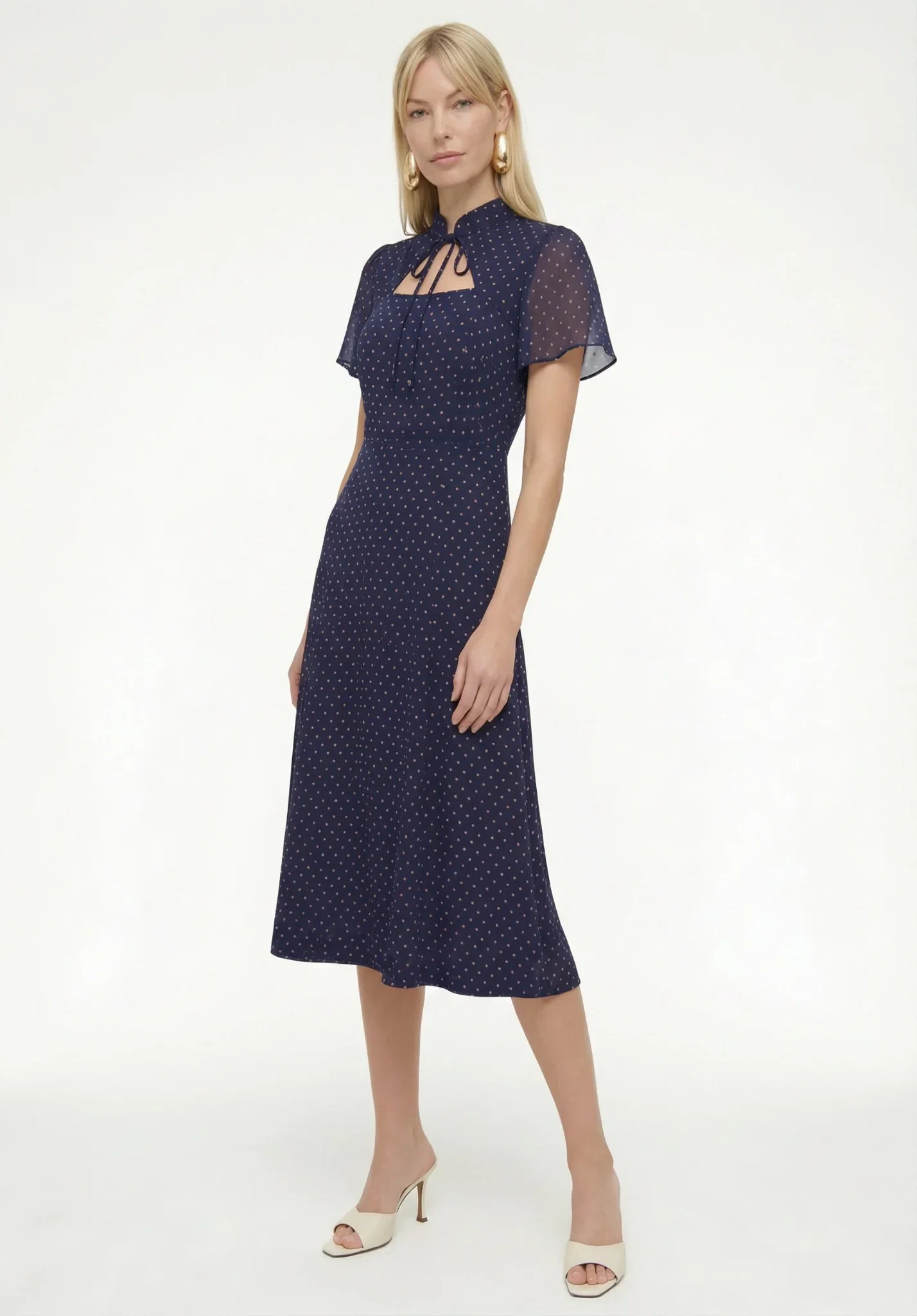 Image of Primrose Garden Polka Dot Print Midi Dress In Navy