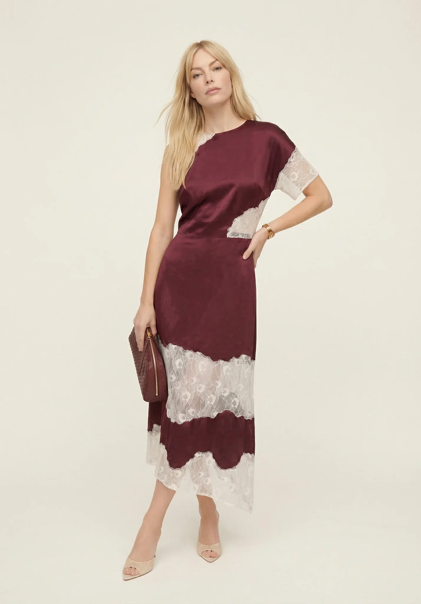 Image of Selma Lace Insert Midi Dress In Burgundy And Ecru