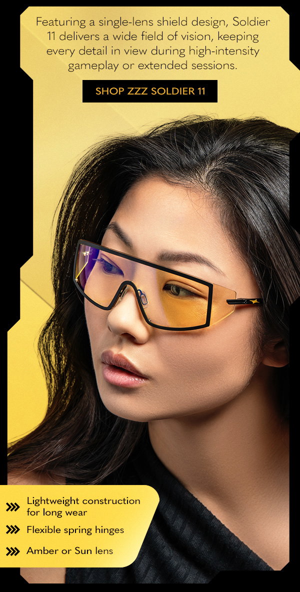 Featuring a single-lens shield design, Soldier 11 delivers a wide field of vision, keeping every detail in view during high-intensity gameplay or extended sessions. Shop ZZZ Soldier 11. Lightweight construction for long wear. Flexible spring hinges. Amber or Sun lens.
