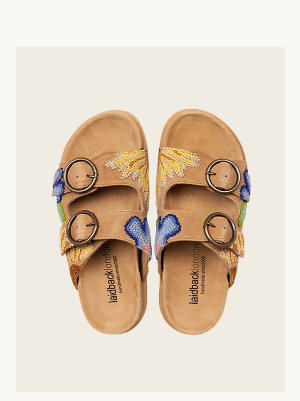 Laidback London Handwoven Crochet Double-Buckle Suede Sandals