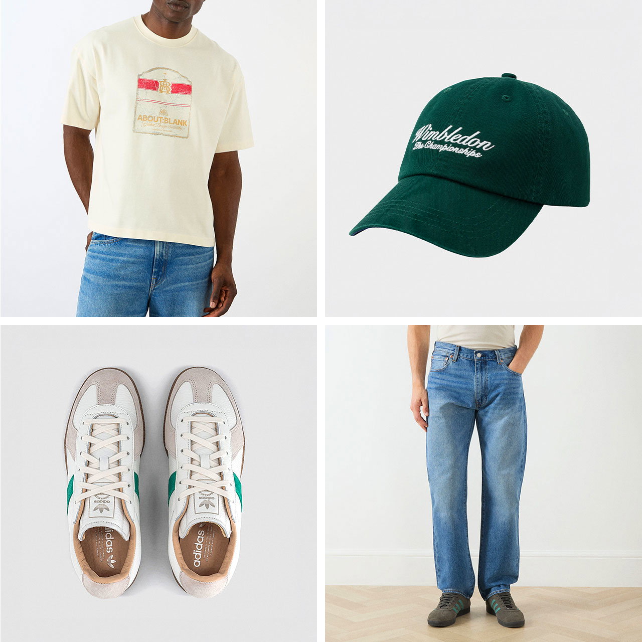 Casual outfit compilation with a beige graphic tee, green cap, beige sneakers, and blue jeans.