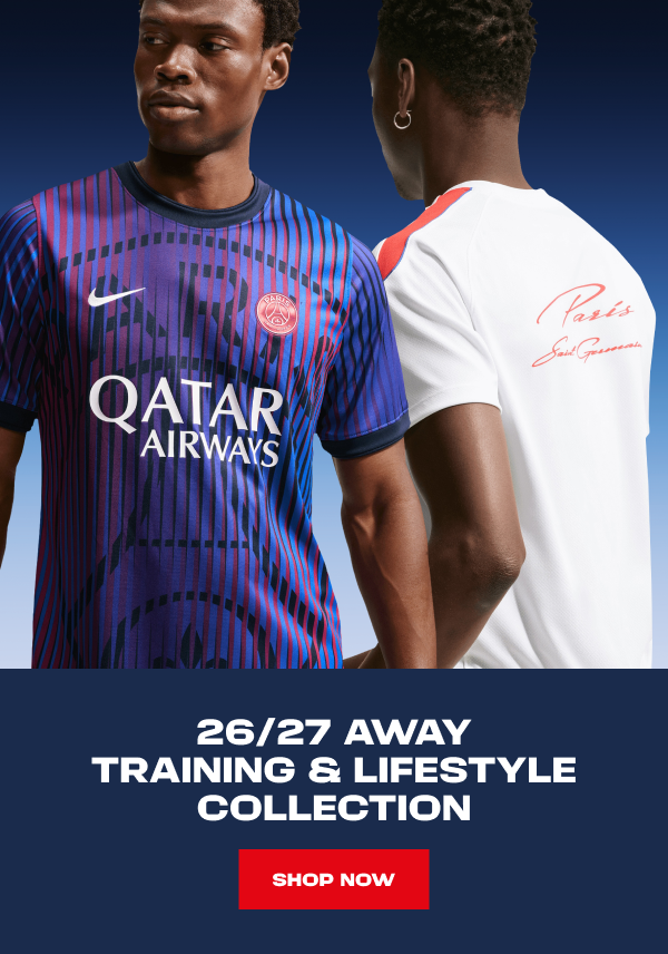 Models wear the 26/27 away training jersey and white lifestyle tee above the headline "26/27 Away Training & Lifestyle Collection".