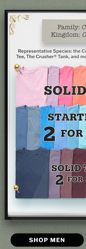 Men's solid tees starting at 2 for $35.