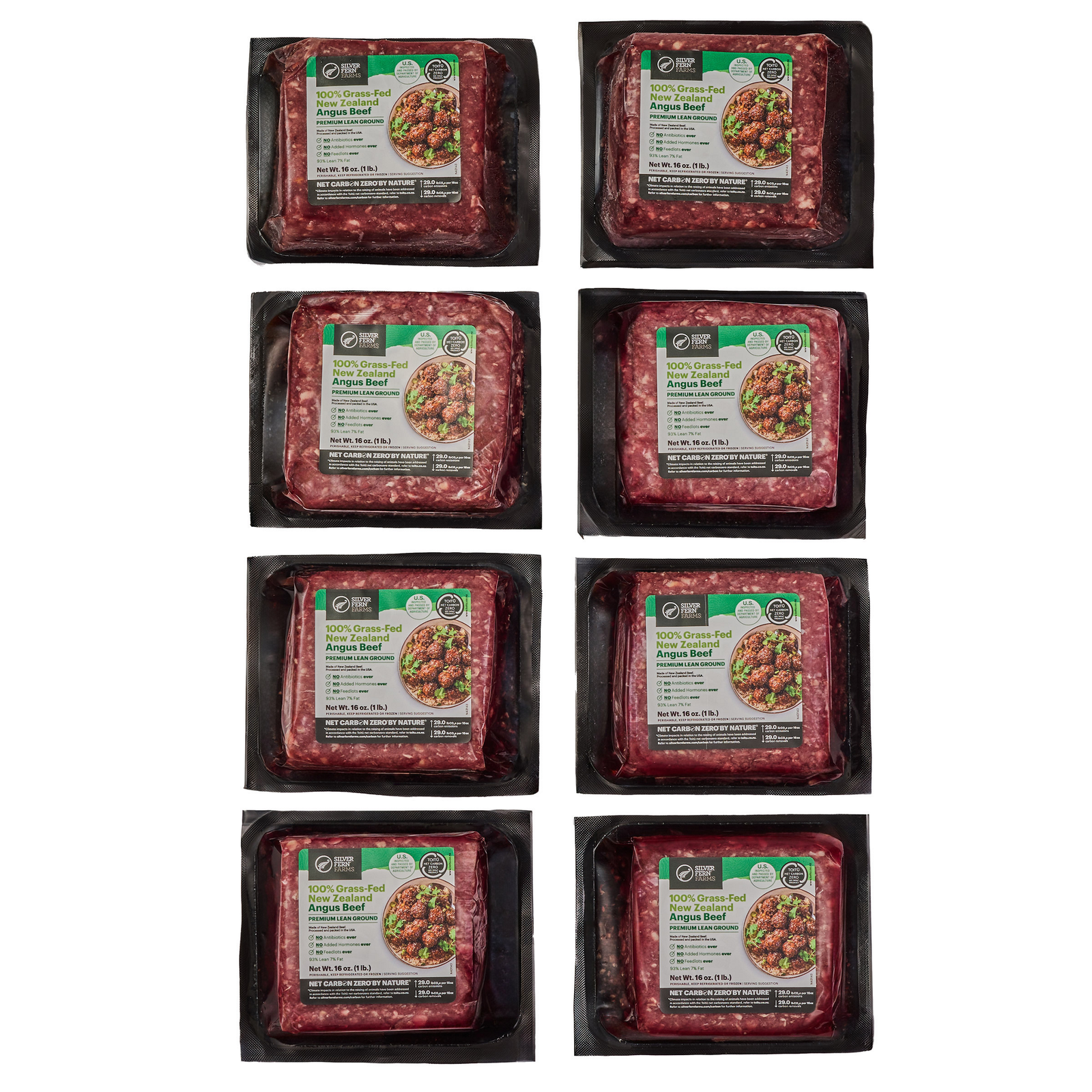 Silver Fern Farms Halal 100% Grass-Fed New Zealand, Net Carbon Zero 93% Lean Ground Beef - 8 Total Packs, 8 Lbs. Total
