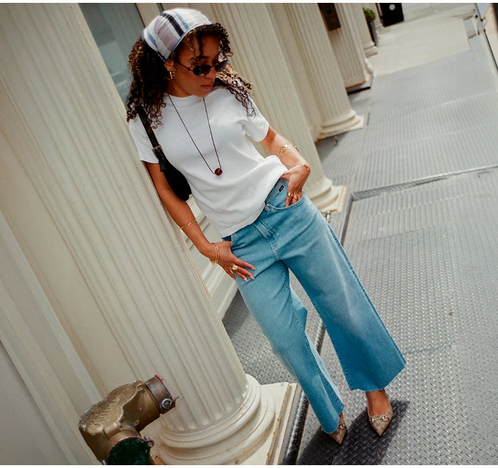 Model in Paloma Cropped Light Brushed Flex Blue