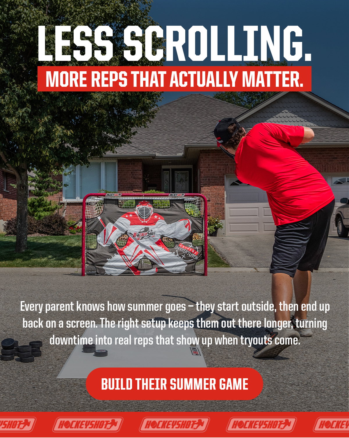 Headline: Less scrolling. More reps that actually matter. Subheader: Every parent knows how summer goes — they start outside, then end up back on a screen. The right setup keeps them out there longer, turning downtime into real reps that show up when tryouts come. CTA: Build Their Summer Game