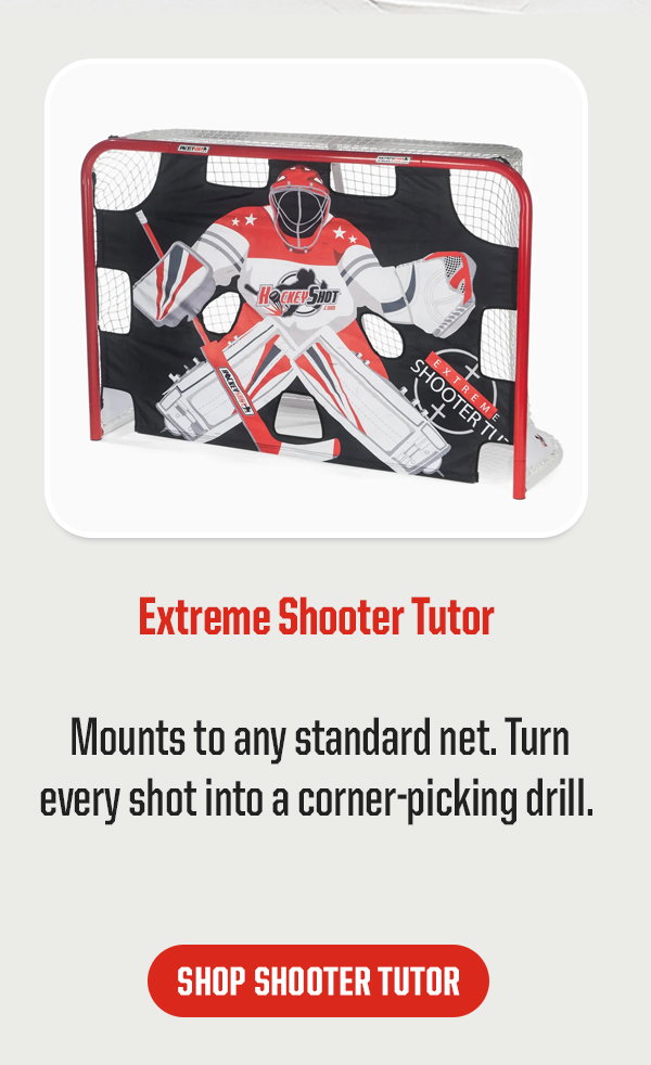 Product Block 3: Extreme Shooter Tutor. Mounts to any standard net. Turn every shot into a corner-picking drill. CTA: Shop Shooter Tutor