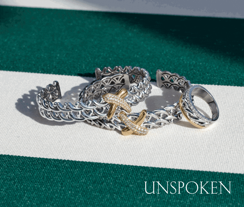 Rotating frames of Unspoken mixed metal bracelets and rings in summer settings. 