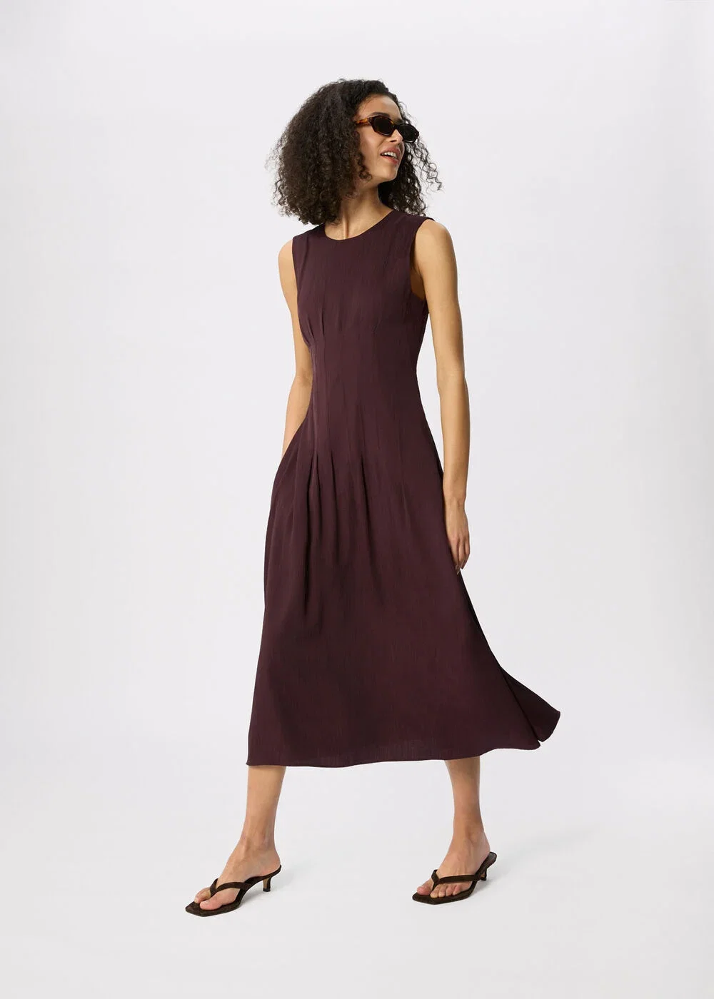 Brown Seamed Detail Textured Dress
