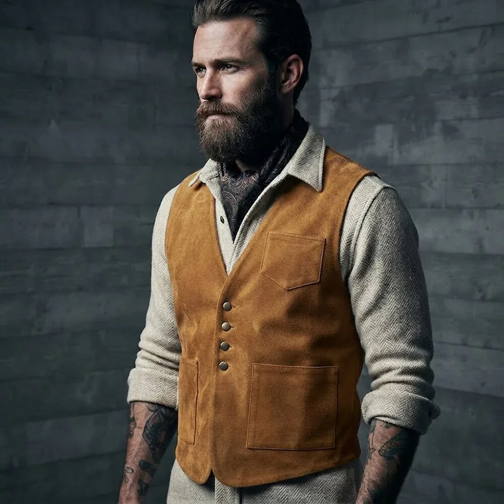 Image of Vintage-Style Slim-Fit Faux Suede V-Neck Vest