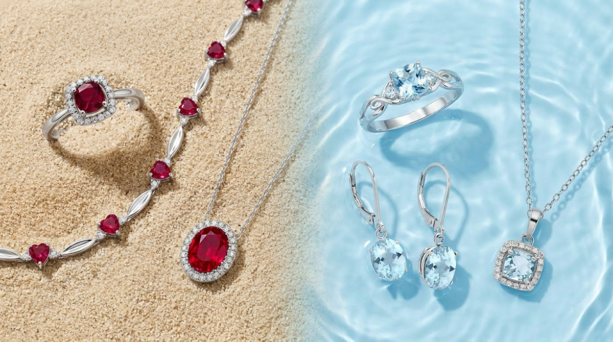 Split-screen flat lay of fine jewelry: on the left, ruby and diamond pieces including a ring, tennis bracelet, and pendant necklace resting on beach sand; on the right, aquamarine and diamond pieces including a ring, leverback earrings, and a pendant necklace floating in clear blue water.