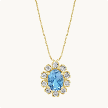 Oval-Cut Aquamarine & Diamond Halo Pendant in 10k Yellow Gold