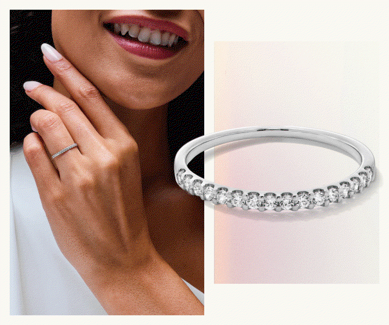 Lifestyle & product shots alternating: model & diamond band, hoops & pendant chain. 