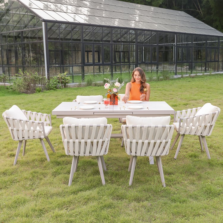 7-Piece Outdoor Extendable Dining Set with 6 Rope Weave Chairs in White(64"-84")