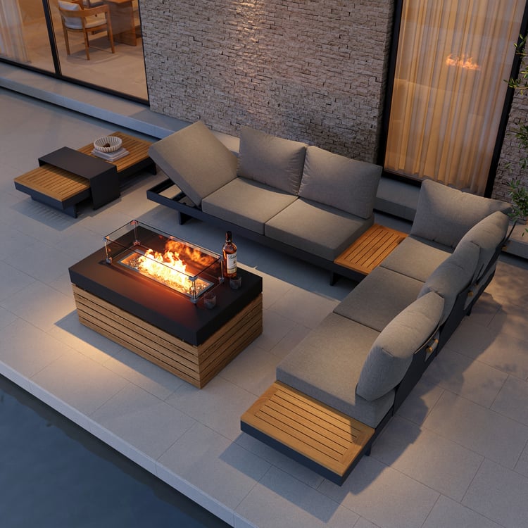 Tevara 5-Pieces Modular Teak Outdoor Sofa Set with Smokeless Fire Pit for 6 Person in Gray