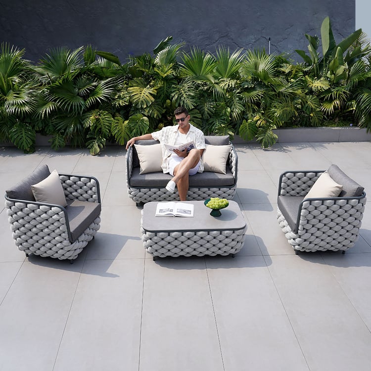 Martic 4-Piece Aluminum Rope Outdoor Sofa Set with Faux Marble Coffee Table Cushion Pillow
